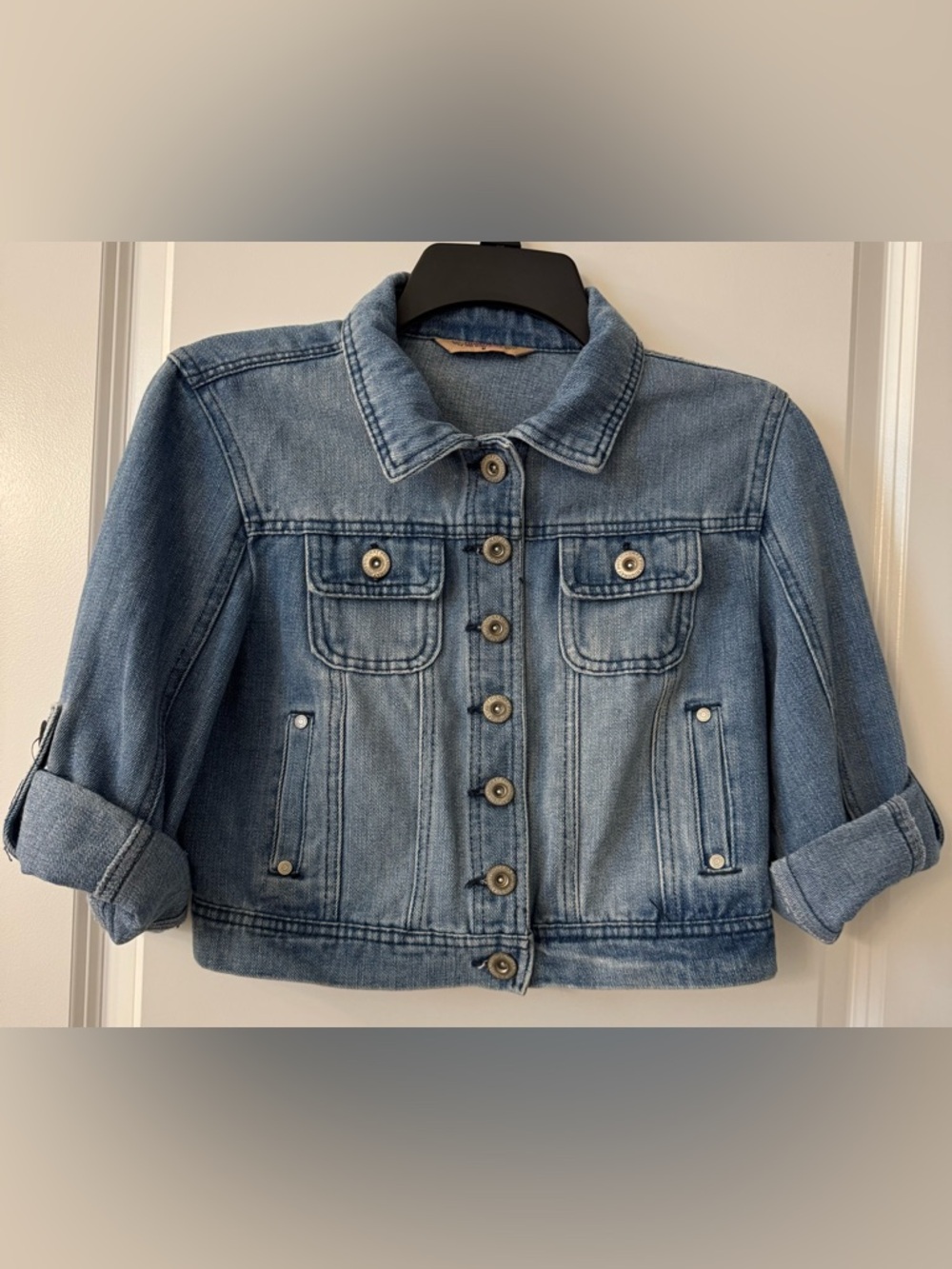 #2075 Highway Jeans Crop Medium Wash Blue Denim Jean Jacket 3/4 Roll-Tab Sleeves